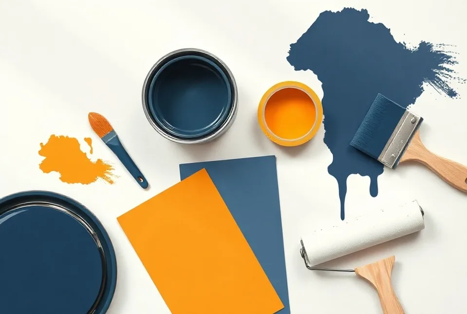 Pots de peinture, nuancier, brosses et rouleaux disposés à plat