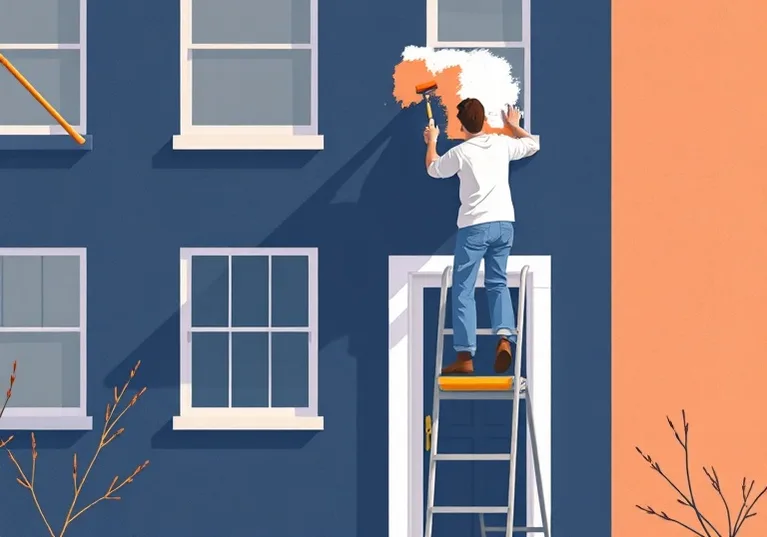 Peintre sur échafaudage traitant la façade d'une maison
