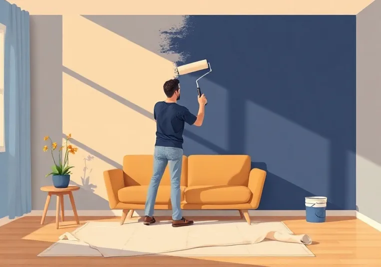 Peintre appliquant la peinture au rouleau sur un mur de salon